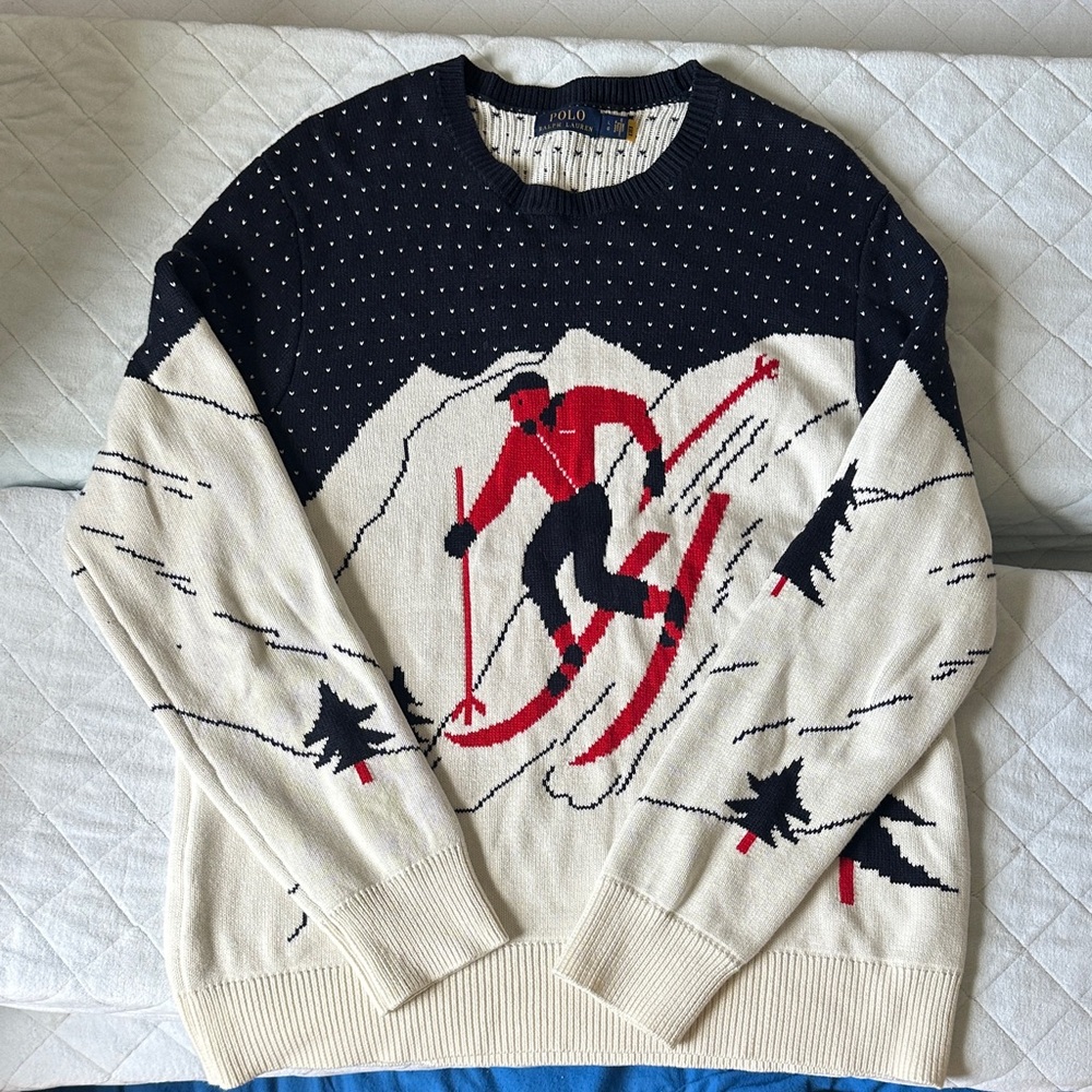 Polo by Ralph Lauren Men's Red, Black, and Cream Ski Sweater